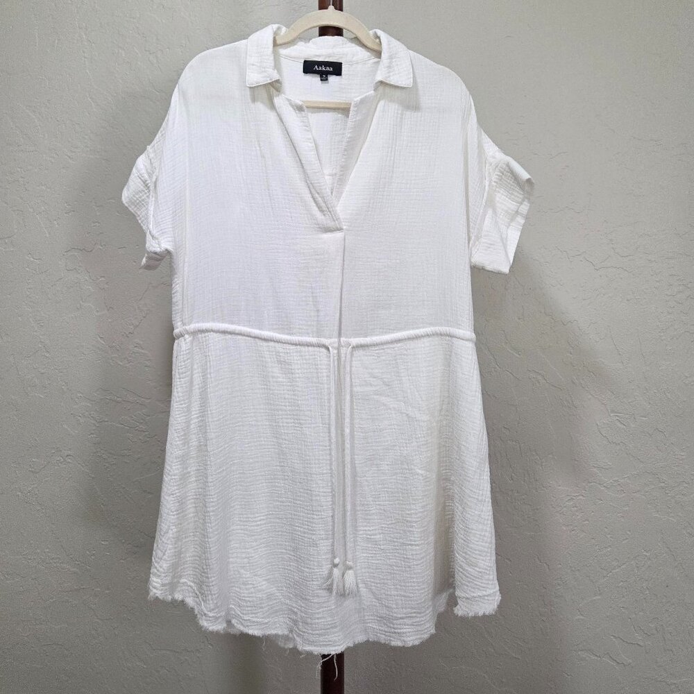 Aakaa Gauze Tassel Drawstring Tunic Dress‎ With Frayed Hem